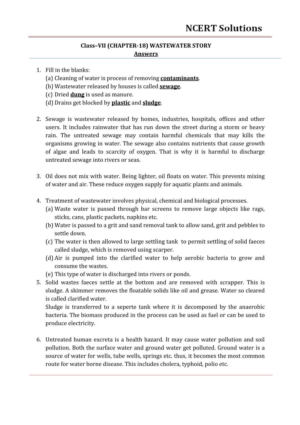 NCERT Solutions For Class 7 science Chapter 18 Wastewater Story