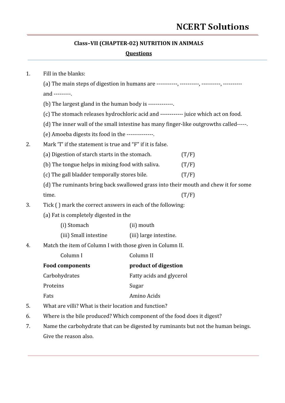NCERT Solutions for Class 7 Science Chapter 2 Nutrition in Animals - Free  PDF