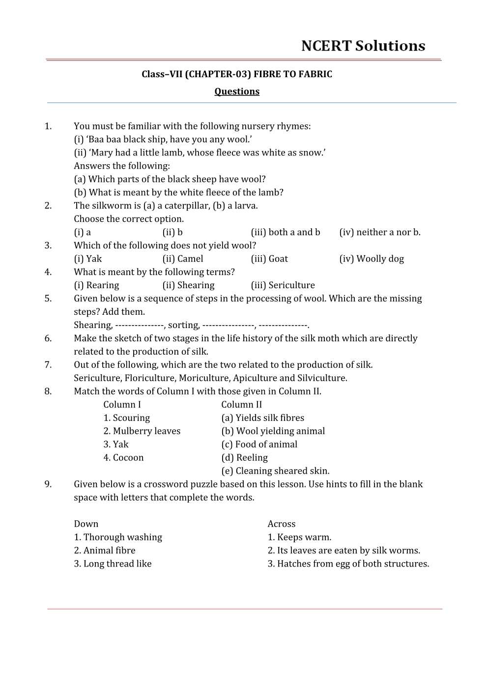 NCERT Solutions For Class 7 science Chapter 3 Fibre and Fabric