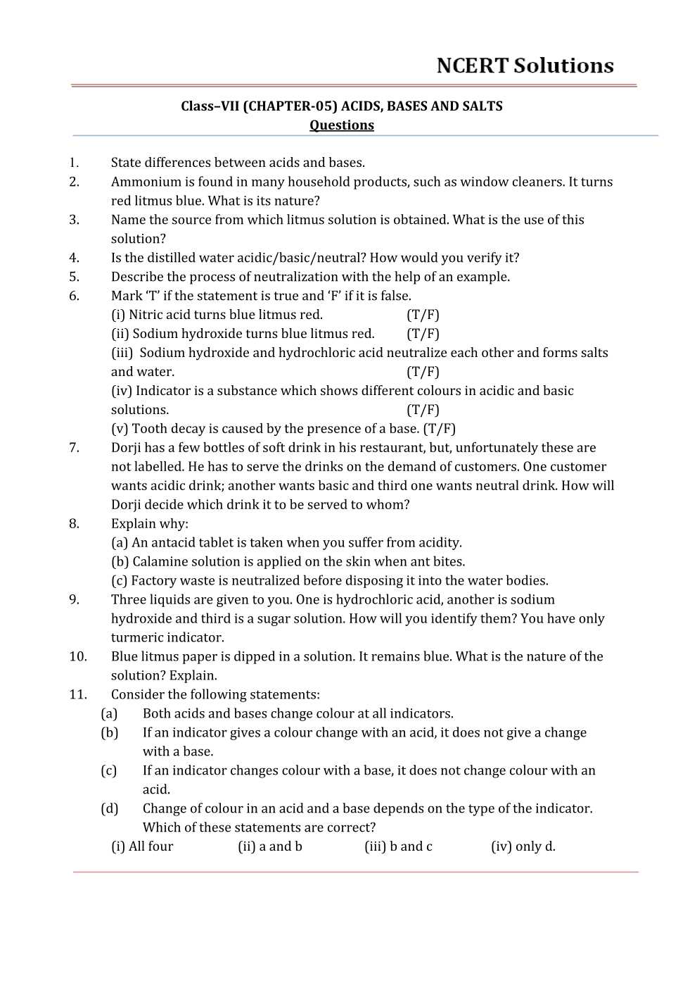 NCERT Solutions For Class 7 science Chapter 5 Acids, Bases and Salts