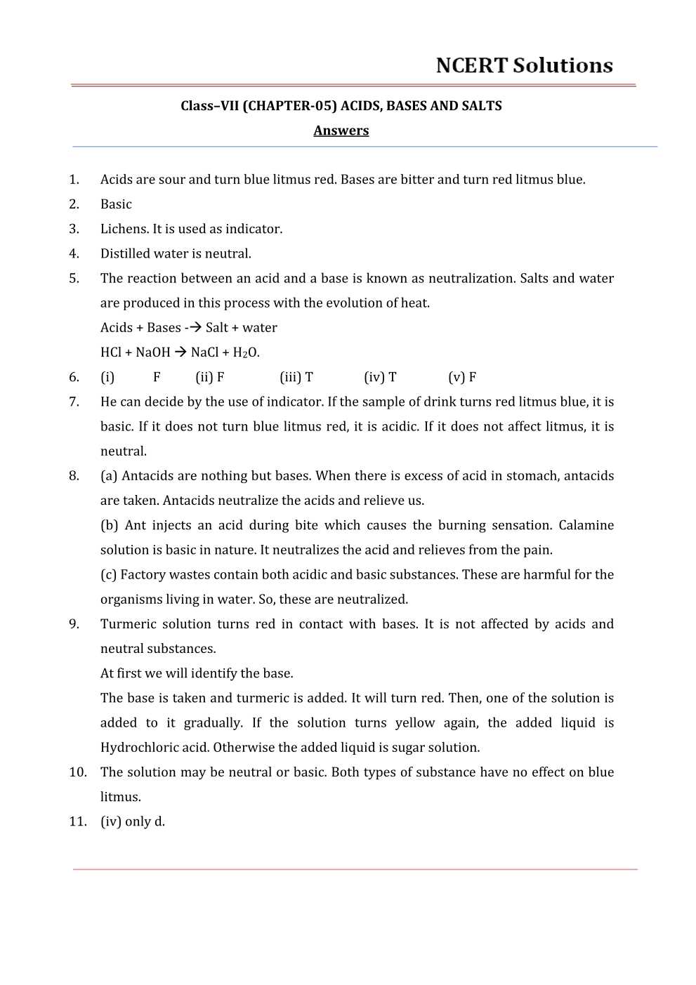 NCERT Solutions For Class 7 science Chapter 5 Acids, Bases and Salts