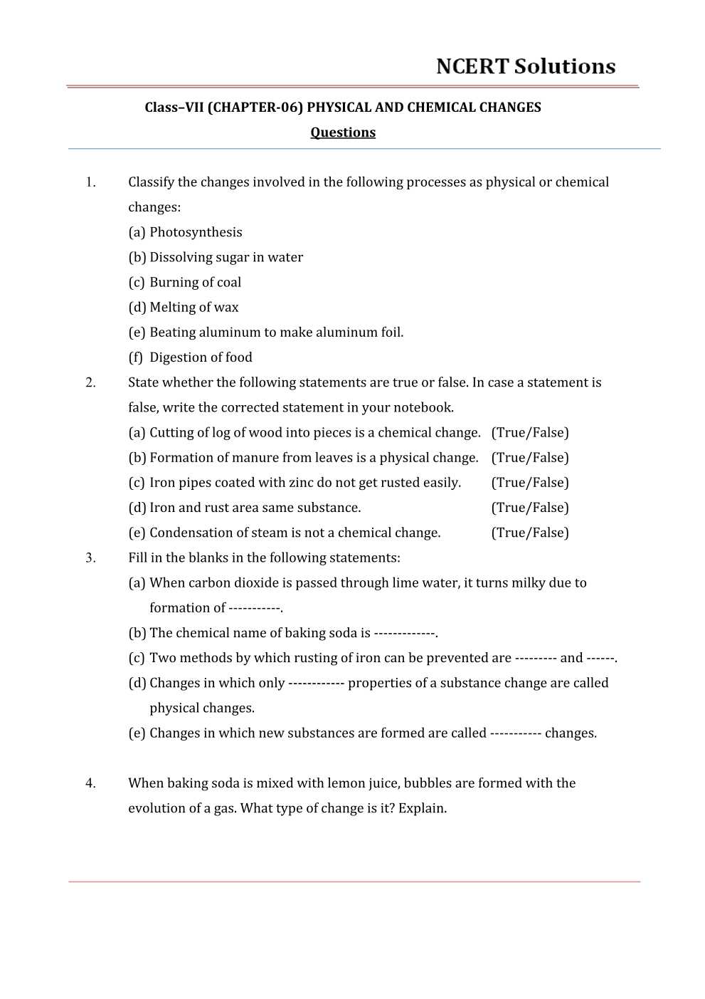 NCERT Solutions For Class 7 science Chapter 6 Physical and Chemical Changes