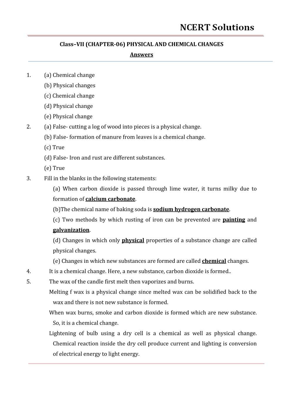 NCERT Solutions For Class 7 science Chapter 6 Physical and Chemical Changes