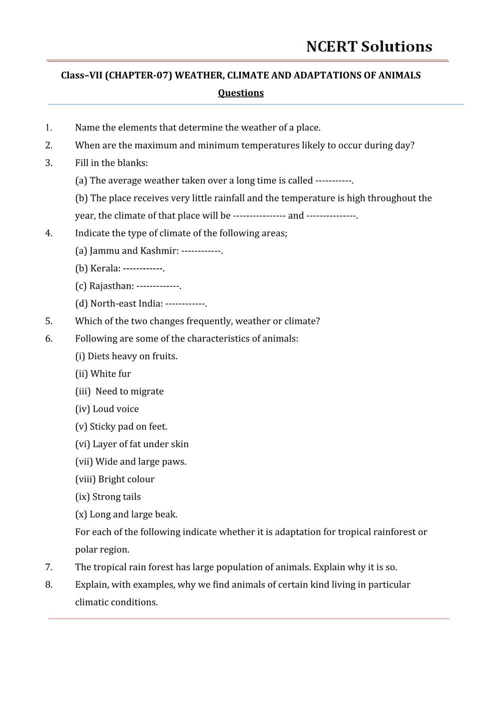 NCERT Solutions For Class 7 science Chapter 7 Weather, Climate, and Adaptations of Animals to Climate