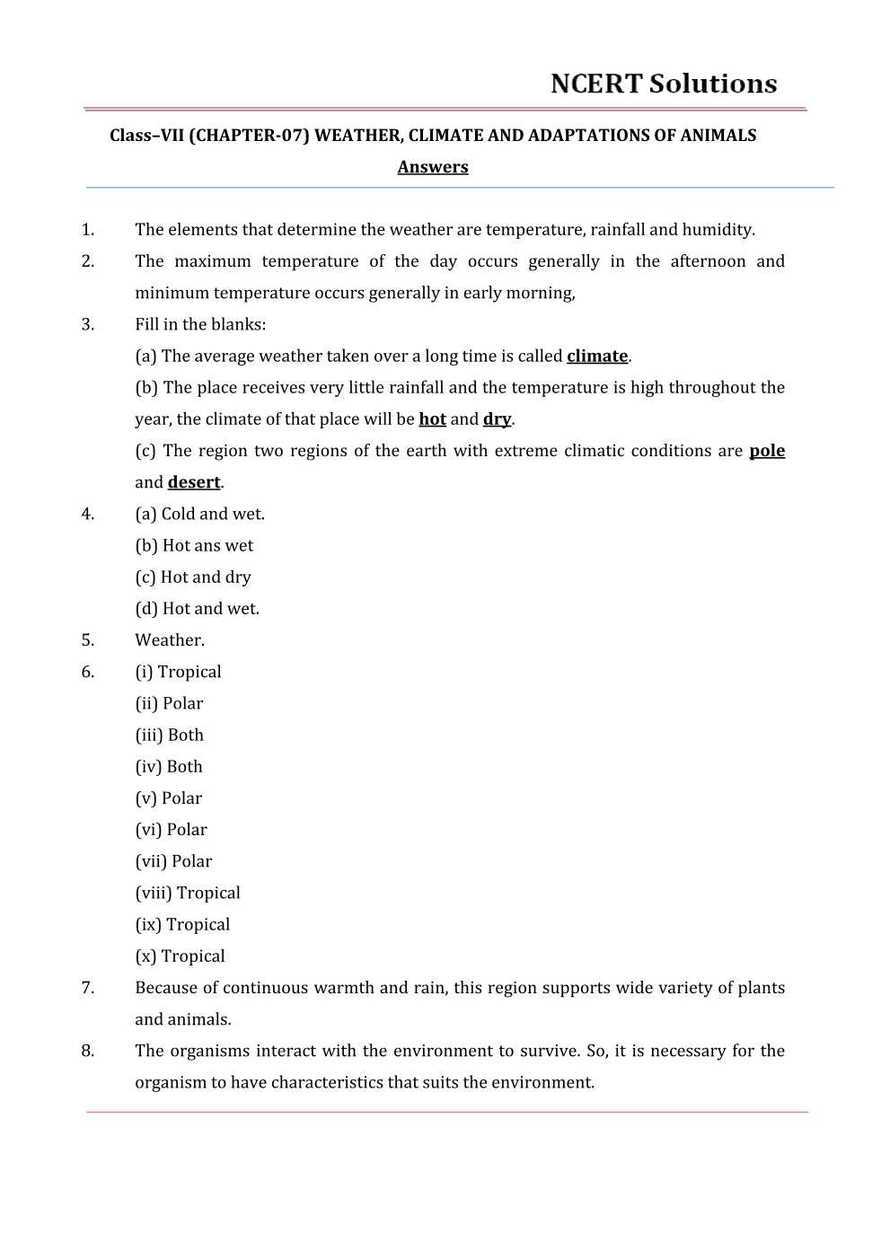 NCERT Solutions For Class 7 science Chapter 7 Weather, Climate, and Adaptations of Animals to Climate