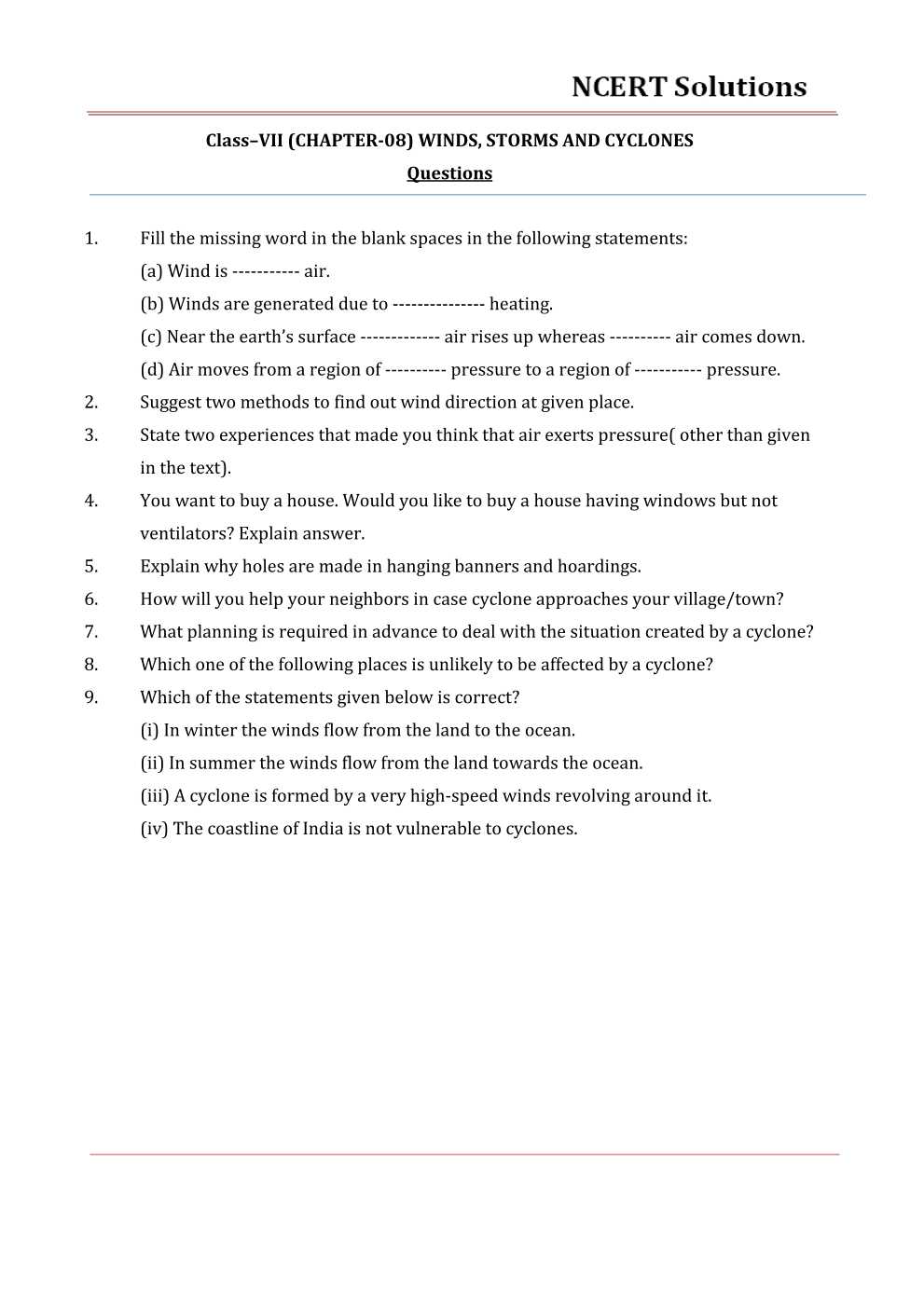 NCERT Solutions For Class 7 science Chapter 8 Winds, Storms and Cyclones