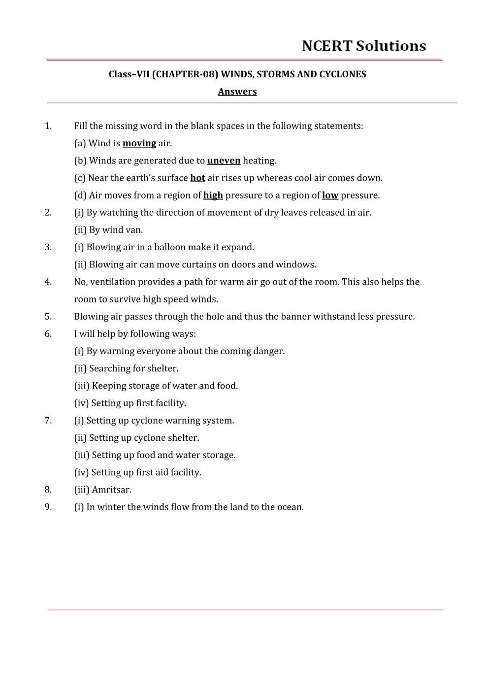 NCERT Solutions For Class 7 science Chapter 8 Winds, Storms and Cyclones