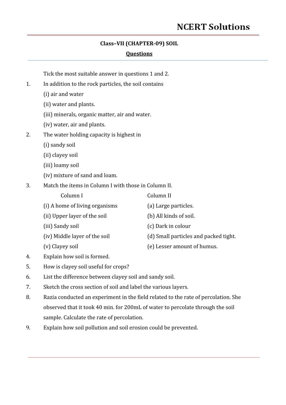 NCERT Solutions For Class 7 science Chapter 9 Soil