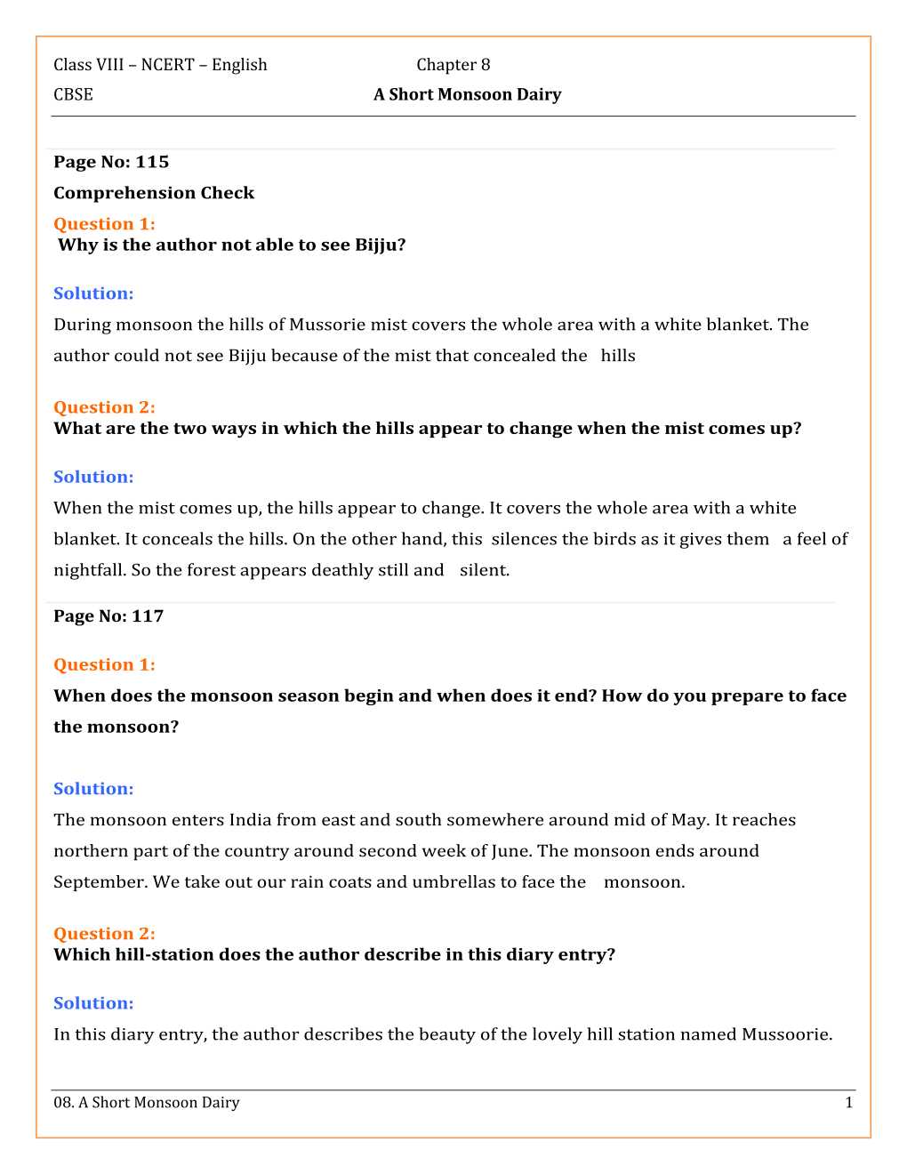NCERT Solutions For Class 8 English Honey Dew Chapter 8