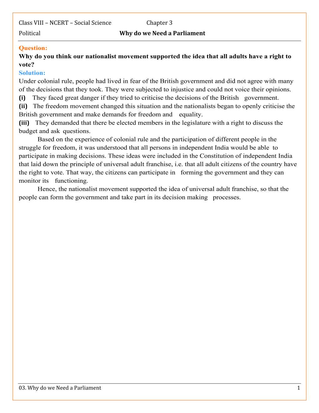 NCERT Solutions For Class 8 Social Science Social and Political Life Chapter 3 
