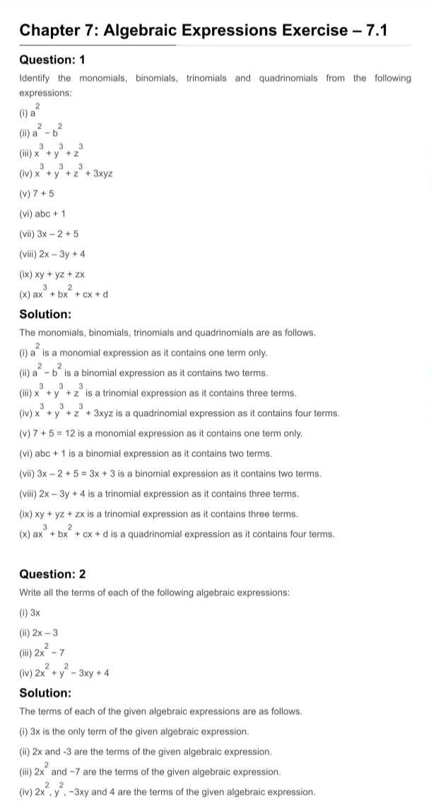 RD Sharma Solutions For Class 7 Maths Chapter 7